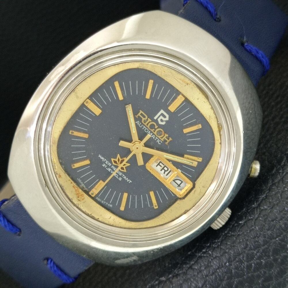 Vintage 1986 Ricoh Automatic Mens Silver Watch W/daydate & Blue accents